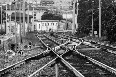 black and white railroad tracks