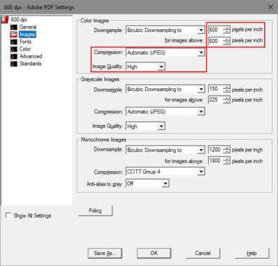 adobe pdf image settings box